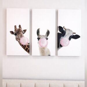 Cute Animal Trio Bubblegum Canvas Wall Art - Pink & White - 28” x 45” (Large)